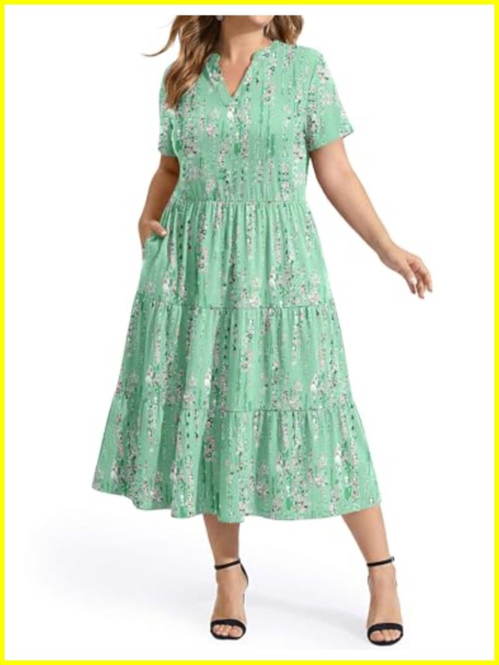 Plus Size V-Neck Short Sleeve Midi Dress Tiered A-Line with Pockets Summer
